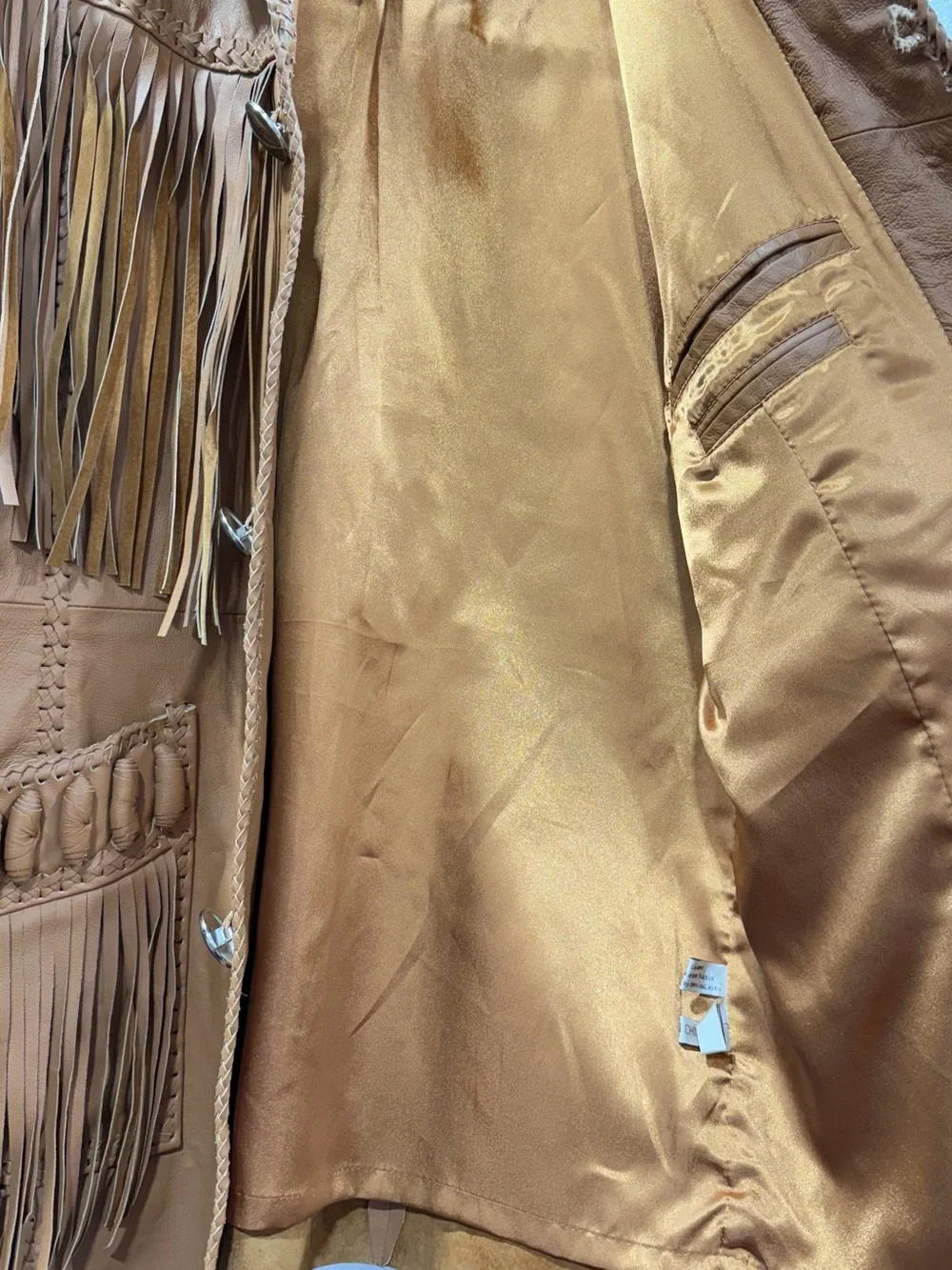 Scully Tan Leather Fringe Jacket with Beaded Shoulder Accents